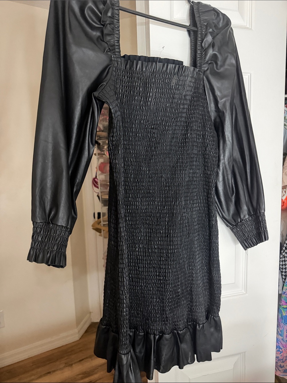 7 For All Mankind Black Faux Leather Puff Sleeve Smocked Mini Dress